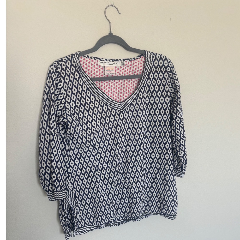 Gretchen Scott Navy White Geometric Ikat V-Neck Tunic Top 3/4 Sleeve Small